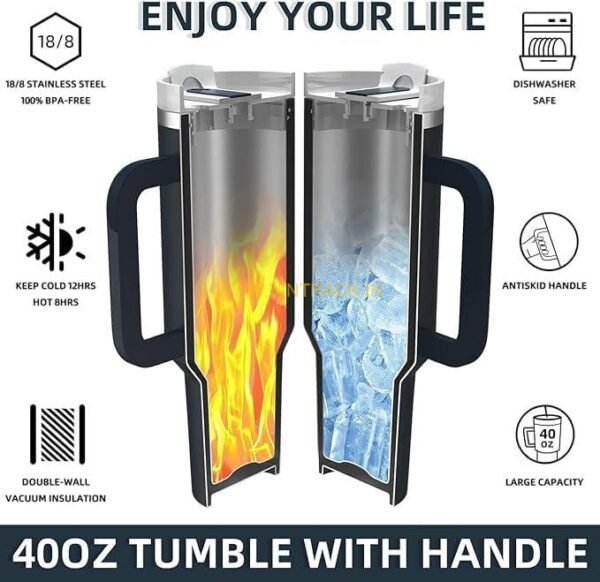 Tumbler with Lid and Straw, Hot and Cold Double Insulated Sipper Mug, Leak Proof 1200ml - Image 2
