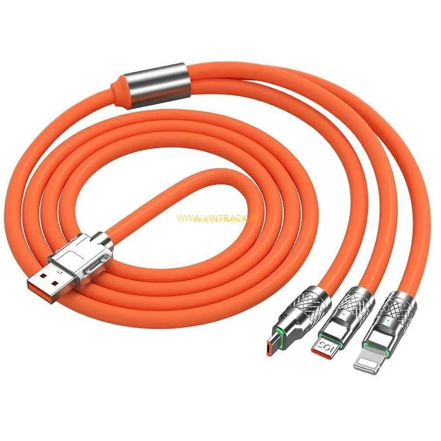 3-in-1 Cable 1 m Mobile Retractable Charging Data Cable Charging Pad 120W Multiple Port Cable  (Compatible with All Type Of Android, Type-C And iOS Smartphones, Orange, One Cable)