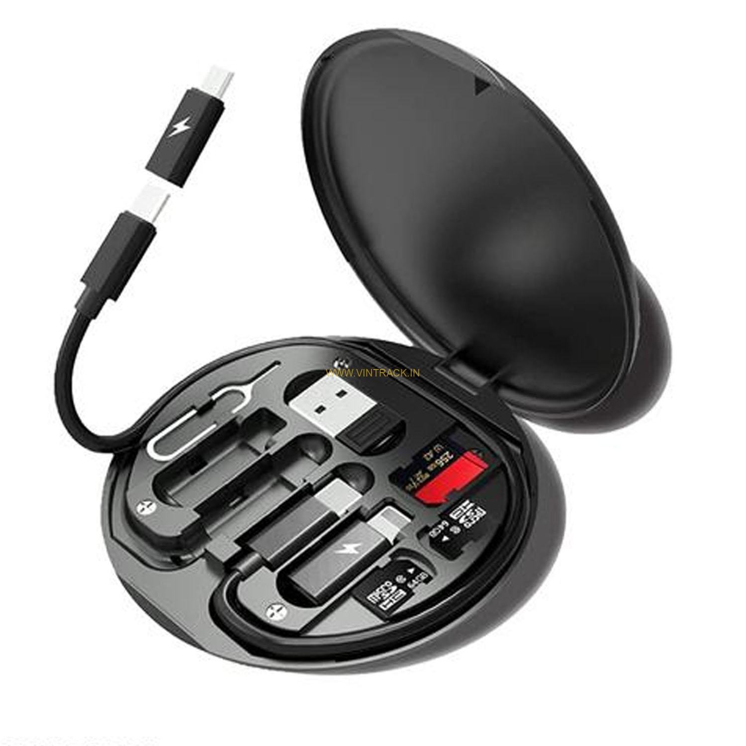 Mini Multi-Functional Fast Charging Data Cable Set for Apple, Android, Type C Charging with Retrieve Card Pin, Round Storage Box, Compact and Portable USB Data Cable Storage Box Travel  Cable Set