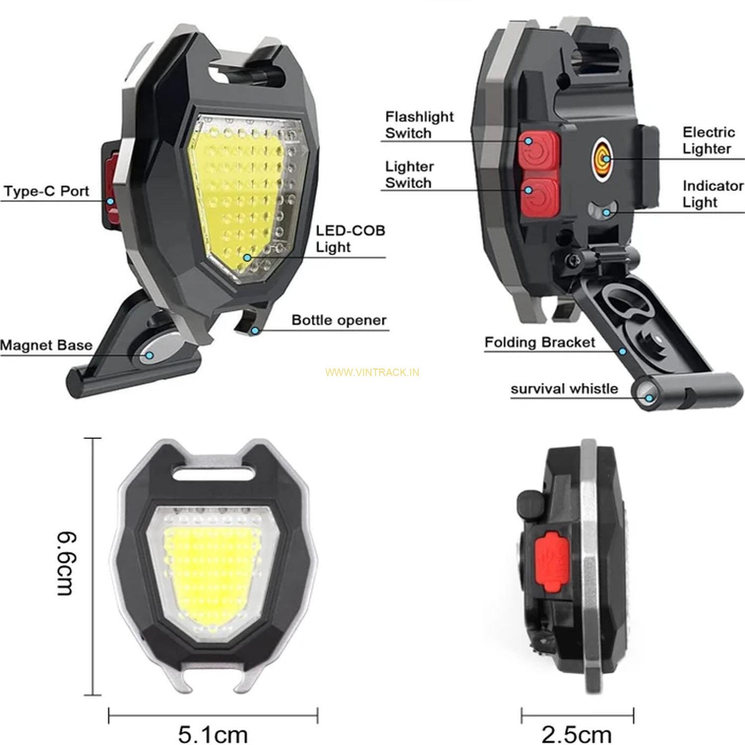 Portable Bright LED Keychain COB Light with 6 Lighting Modes & Cigar Lighter LED Front Light (Black) - Image 2