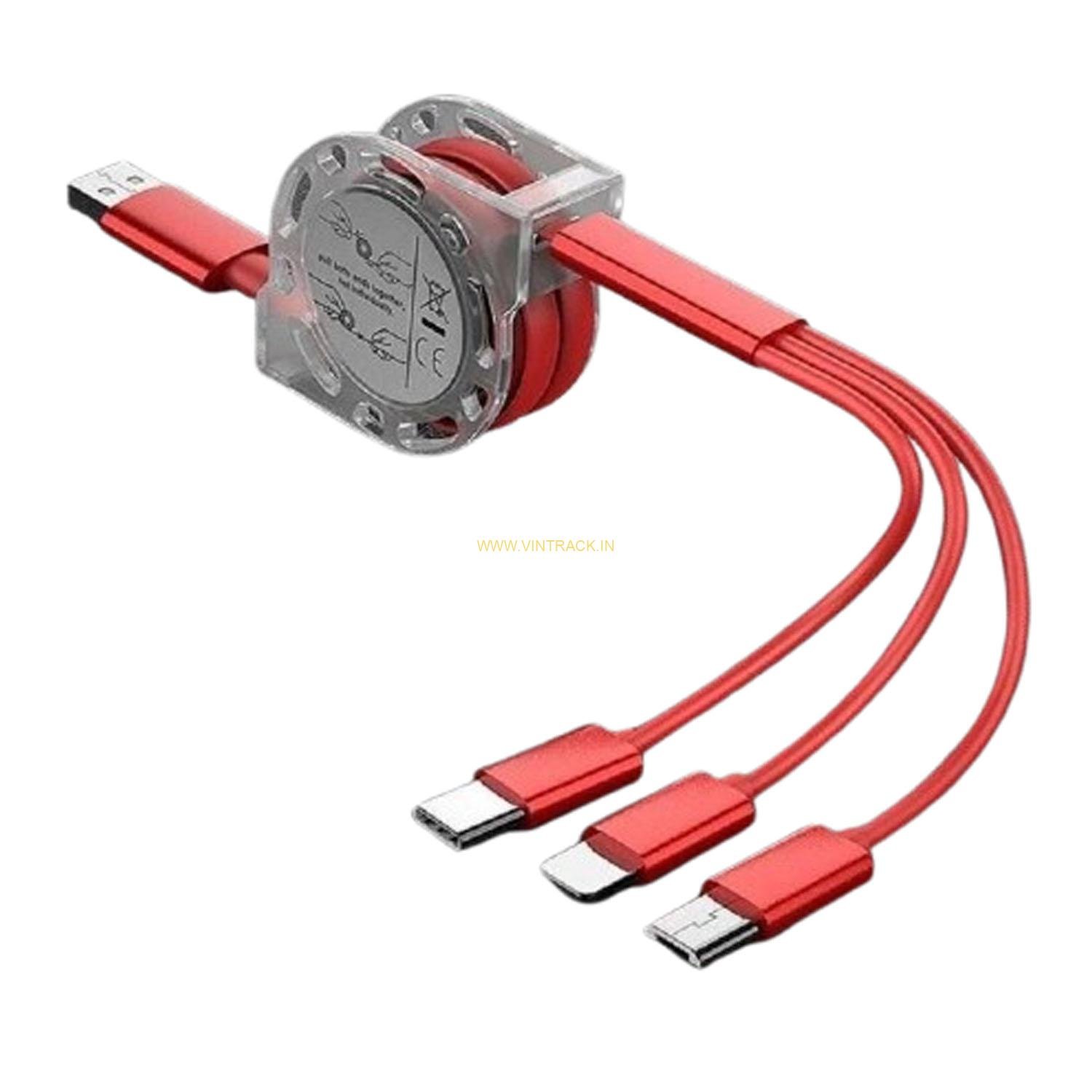 3-in-1 Retractable USB Charging  Cable Multi-Device Fast  Charger Cord 1 m USB Type C  Cable Magnet Head Data Cable  Supported with All mobile