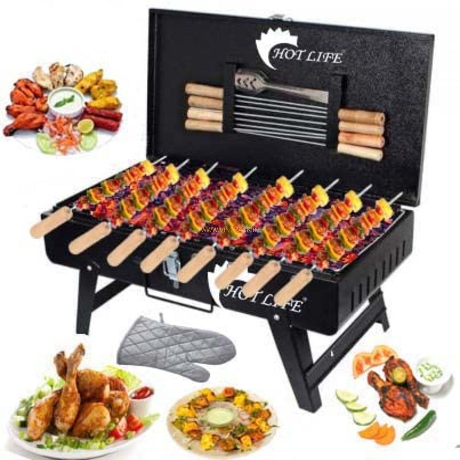 Camping Foldable Suitcase Barbecue Grill | Portable Outdoor BBQ with Gloves, Skewers & Tong