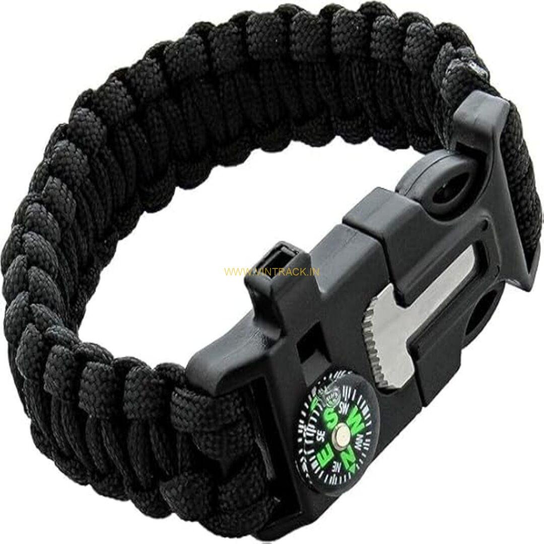 Survival Bracelet – Black Tactical Bracelet with Whistle, Compass, and Fire Starter for Men & Women (Pack of 1)