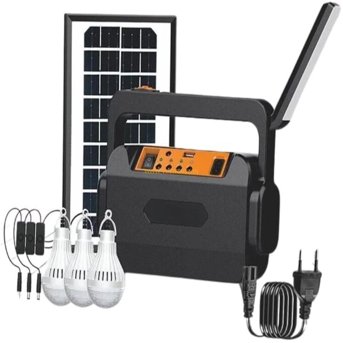 Portable Inverter with 3 LED Bulbs and Solar Panel (Black) | Solar Light Set for Home, Camping, Emergency & Outdoor Use