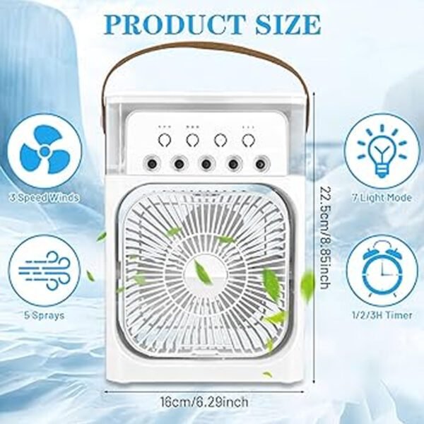 Portable Air Conditioner Fan, 500 ml Water Tank USB Personal Cooler, Mini Humidifier Fan with 7 Colors LED Light, 3 Timer, 3 Wind Speeds, 3 Spray Modes for Office, Home White Color (mini fan) - Image 5