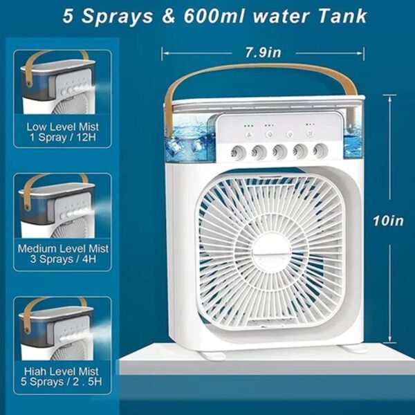 Portable Air Conditioner Fan, 500 ml Water Tank USB Personal Cooler, Mini Humidifier Fan with 7 Colors LED Light, 3 Timer, 3 Wind Speeds, 3 Spray Modes for Office, Home White Color (mini fan) - Image 7