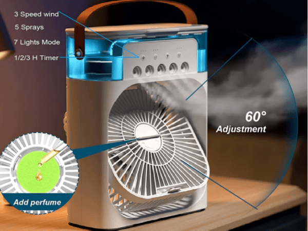 Portable Air Conditioner Fan, 500 ml Water Tank USB Personal Cooler, Mini Humidifier Fan with 7 Colors LED Light, 3 Timer, 3 Wind Speeds, 3 Spray Modes for Office, Home White Color (mini fan) - Image 2