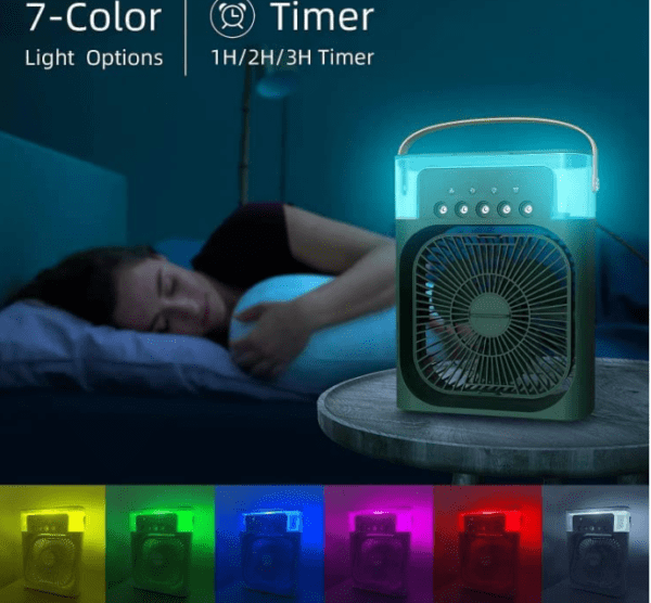 Portable Air Conditioner Fan, 500 ml Water Tank USB Personal Cooler, Mini Humidifier Fan with 7 Colors LED Light, 3 Timer, 3 Wind Speeds, 3 Spray Modes for Office, Home White Color (mini fan) - Image 4