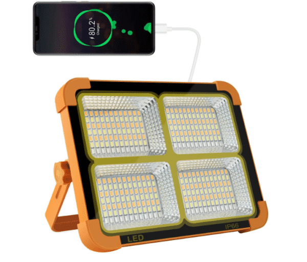 Portable 30W LED Work Light - Solar Powered, 19200mAh, 15000 LM, Stepless Brightness, Rechargeable, Emergency & Hurricane Ready (Orange)Power Output: 30W