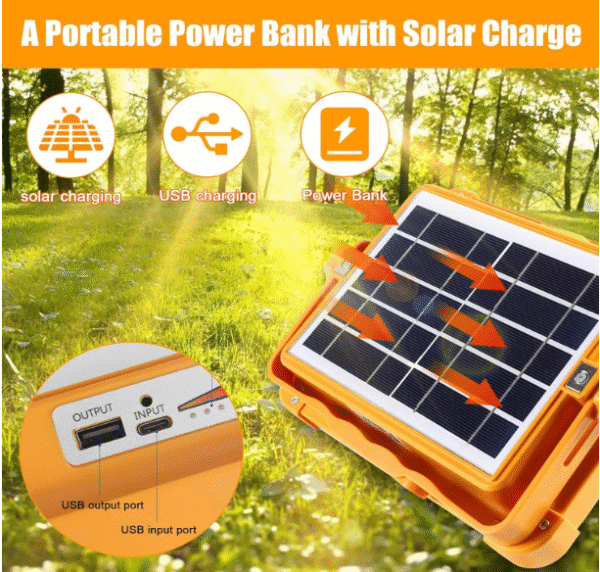 Portable 30W LED Work Light - Solar Powered, 19200mAh, 15000 LM, Stepless Brightness, Rechargeable, Emergency & Hurricane Ready (Orange)Power Output: 30W - Image 8