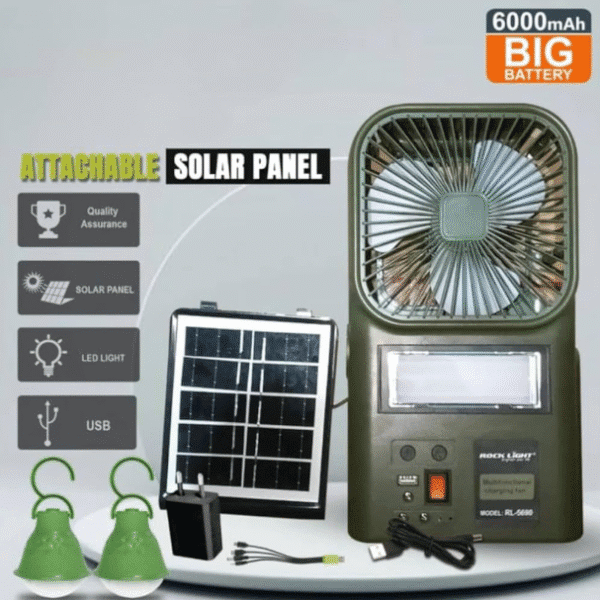 Attachable 𝑺𝒐𝒍𝒂𝒓 𝑷𝒂𝒏𝒆𝒍 𝑭𝒂𝒏 𝒘𝒊𝒕𝒉 𝑳𝑬𝑫 Light | 2 LED Bulbs, Quality Assurance | Solar Outdoor Fan & Light for Camping |
