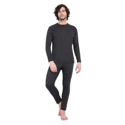Men's Fleece Thermal Upper Base Layer, Soft Stretchable Winter Inner Wear, Lightweight Heat Retention Top for Cold Weather, Trekking, Outdoor Activities Black (M)
