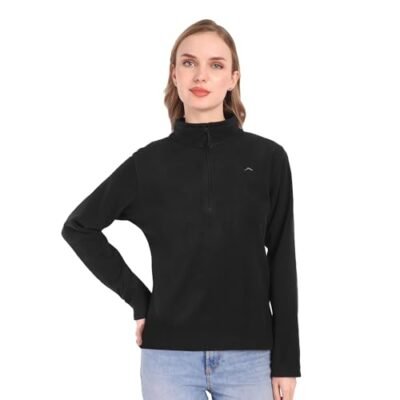 Women's Fleece Half Zip Pullover Jacket – Warm Lightweight Soft Outerwear Sweatshirt for Hiking, Travel & Everyday Wear – Black (in, Alpha, XL, Regular)