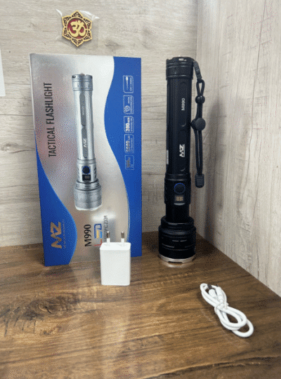 MZ M990 (RECHARGEABLE LED METAL TORCH) Zoomable 300W with 30000mAh Battery Torch  (Black, 25 cm, Rechargeable)