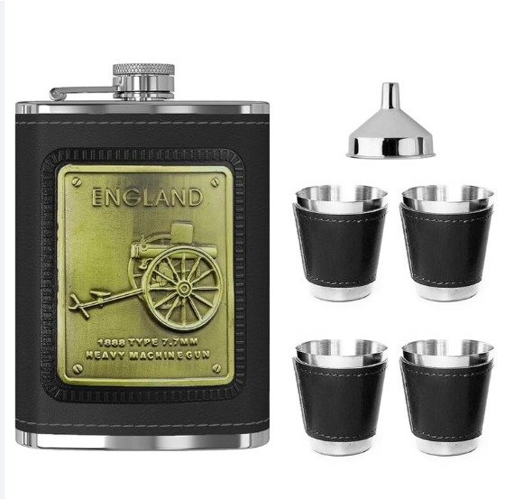 Leather England Hip Flask + 4 shot glasses + Funnel Bar set Stainless Steel Hip Flask