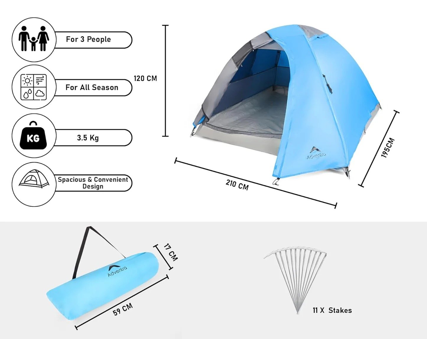 3-Person Camping Tent with UV Protection & Waterproof Flysheet (ET1100) Aqua Blue - Image 3